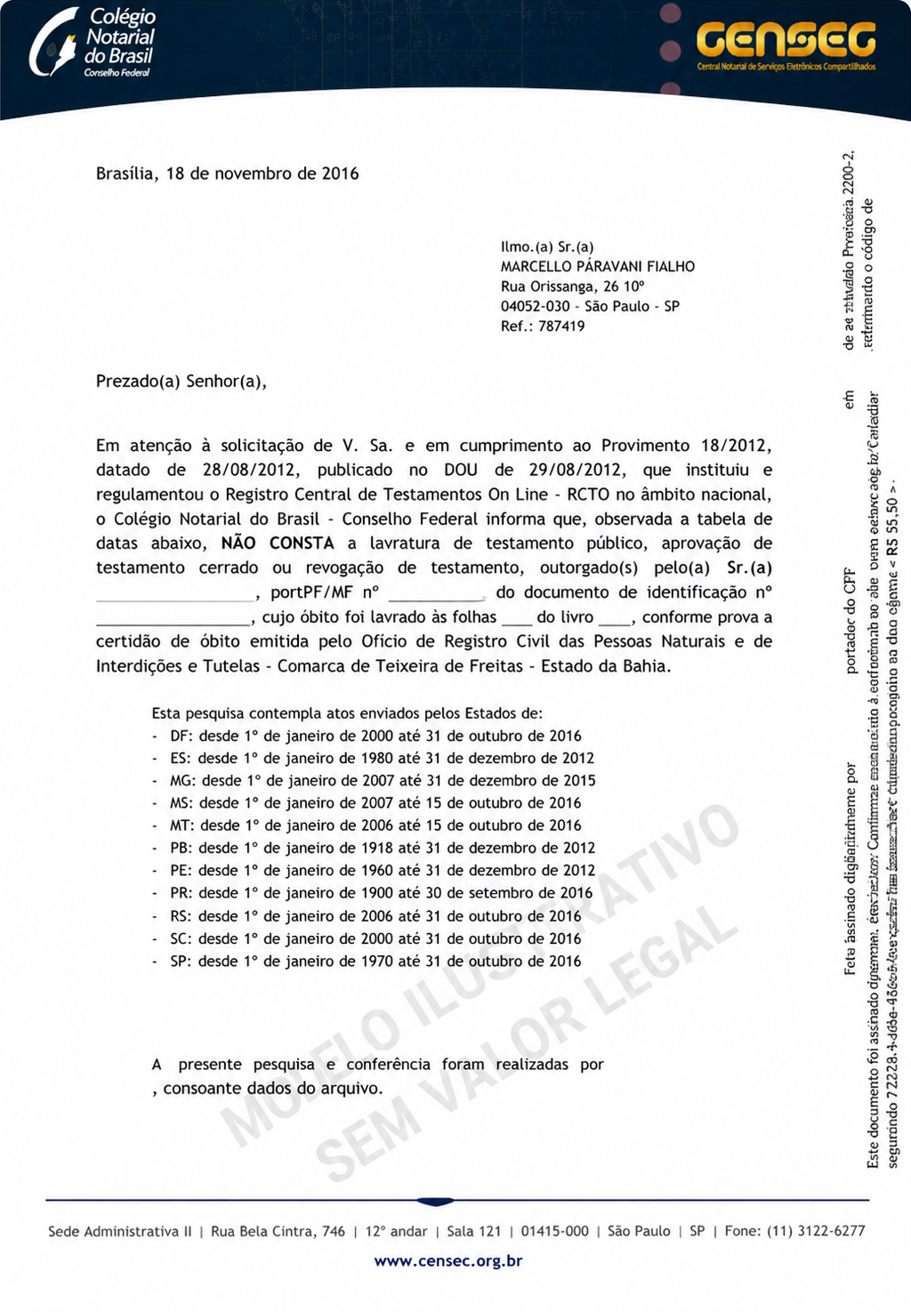 Modelo de Certidão Negativa de Testamento